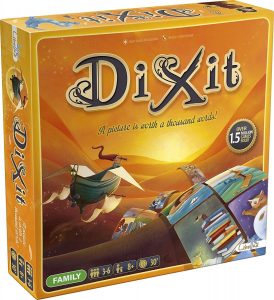Cover of board game Dixit - square gold box with fantasy style pictures