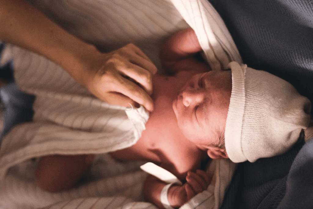 Close up of newborn baby eyes closed